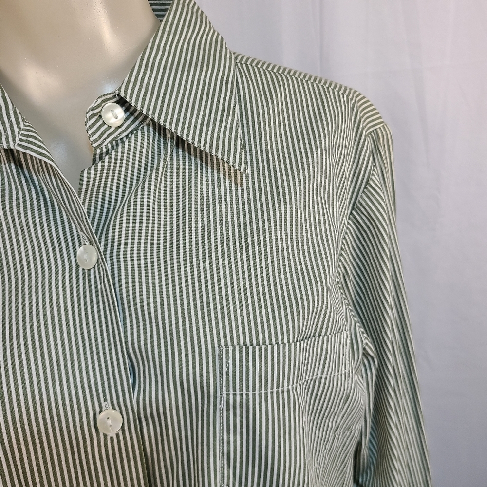 Vintage Let's Quizz Again Green and white button-down striped shirt tunic